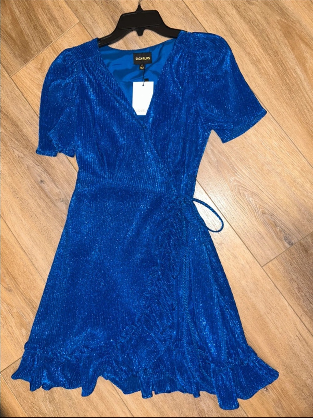 Blue V-Neck Ruffle Wrap Dress - Picture 2 of 4